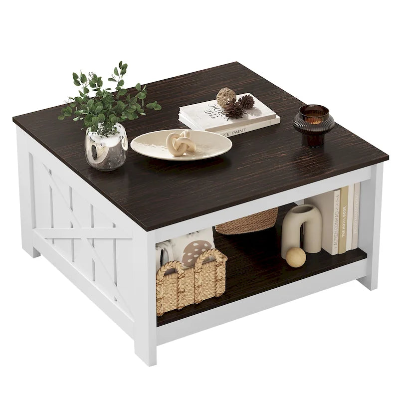 Modern Rustic Square Wood Coffee Table with Storage, Multi-Color