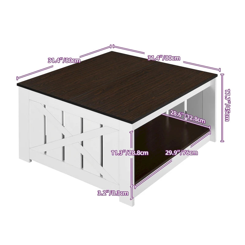 Modern Rustic Square Wood Coffee Table with Storage, Multi-Color