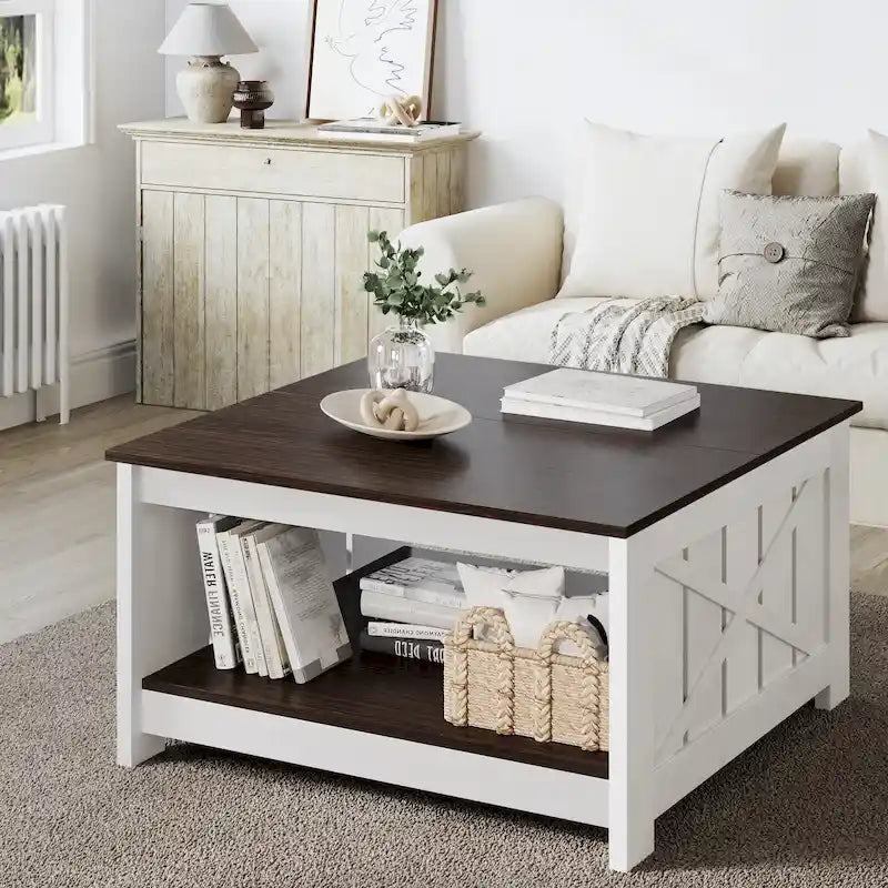 Modern Rustic Square Wood Coffee Table with Storage, Multi-Color