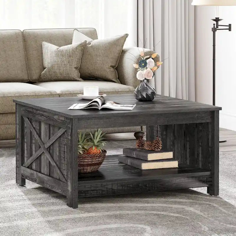Modern Rustic Square Wood Coffee Table with Storage, Multi-Color