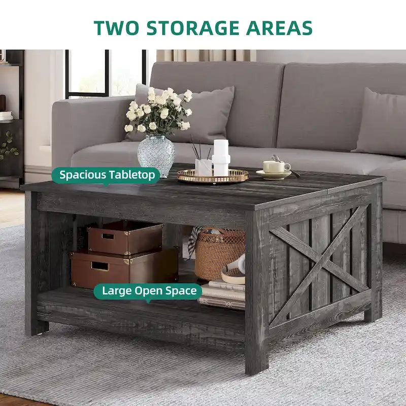 Modern Rustic Square Wood Coffee Table with Storage, Multi-Color
