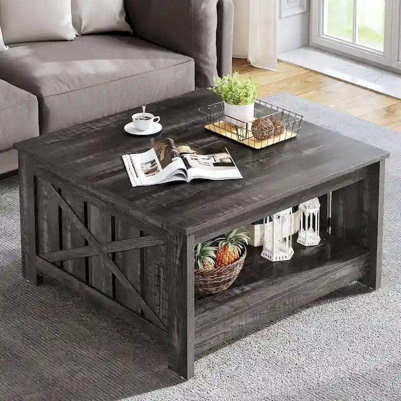 Modern Rustic Square Wood Coffee Table with Storage, Multi-Color