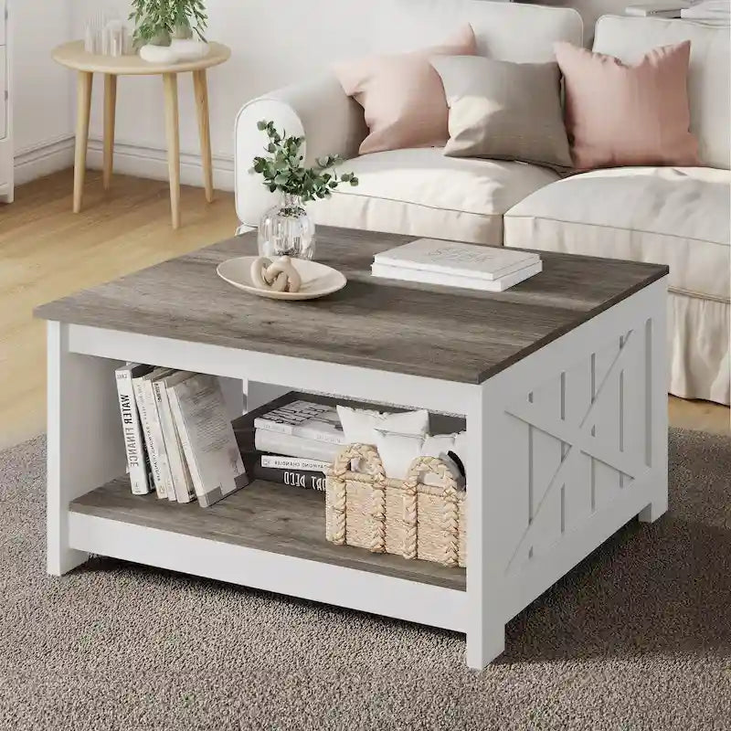 Modern Rustic Square Wood Coffee Table with Storage, Multi-Color