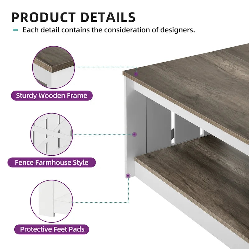 Modern Rustic Square Wood Coffee Table with Storage, Multi-Color