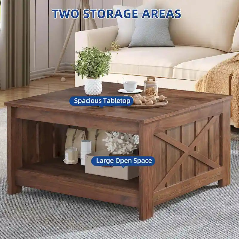 Modern Rustic Square Wood Coffee Table with Storage, Multi-Color