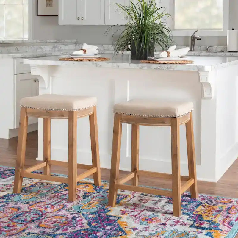 Backless Upholstered Counter Stool with Rubberwood Frame and Silver Nailhead Trim, Multi-Color