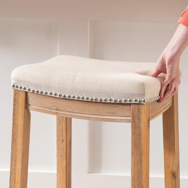 Backless Upholstered Counter Stool with Rubberwood Frame and Silver Nailhead Trim, Multi-Color