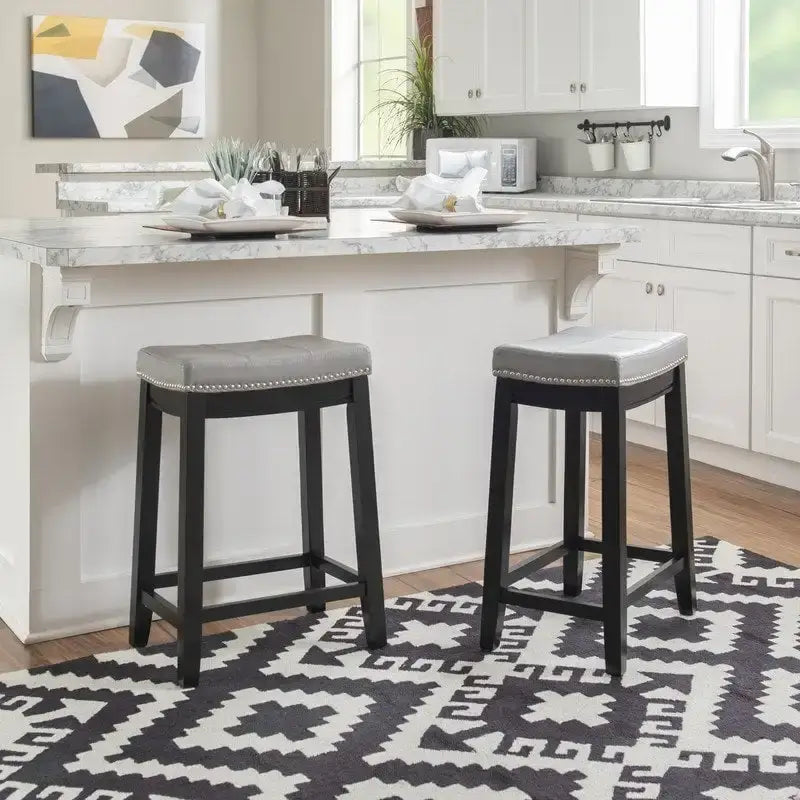 Backless Upholstered Counter Stool with Rubberwood Frame and Silver Nailhead Trim, Multi-Color