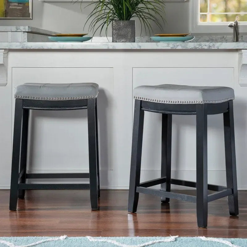 Backless Upholstered Counter Stool with Rubberwood Frame and Silver Nailhead Trim, Multi-Color
