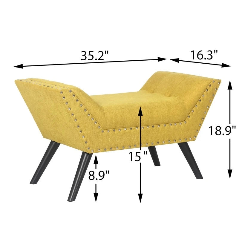 Modern Yellow Upholstered Fabric Ottoman Bench with Nailhead Trim and Wood Legs