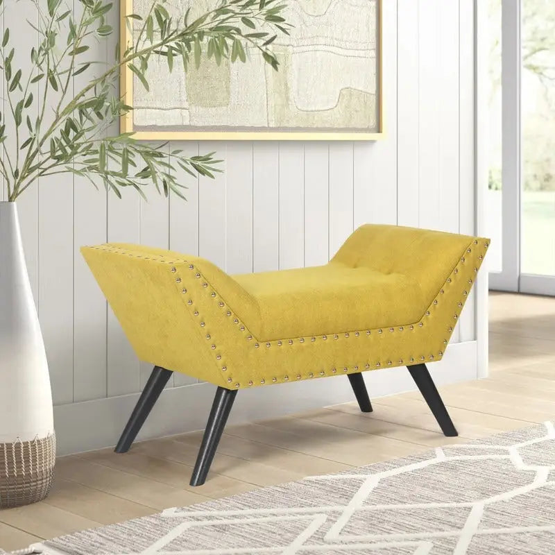 Modern Yellow Upholstered Fabric Ottoman Bench with Nailhead Trim and Wood Legs