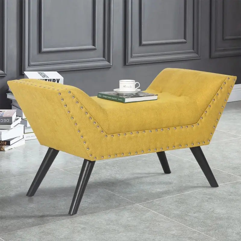 Modern Yellow Upholstered Fabric Ottoman Bench with Nailhead Trim and Wood Legs