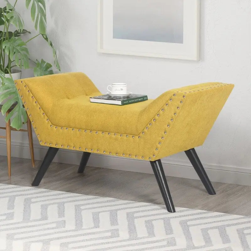Modern Yellow Upholstered Fabric Ottoman Bench with Nailhead Trim and Wood Legs