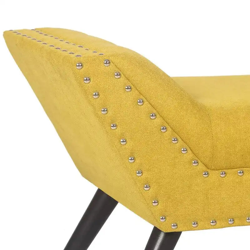 Modern Yellow Upholstered Fabric Ottoman Bench with Nailhead Trim and Wood Legs