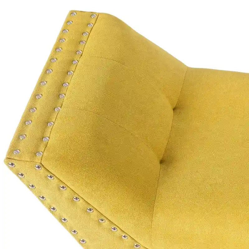 Modern Yellow Upholstered Fabric Ottoman Bench with Nailhead Trim and Wood Legs