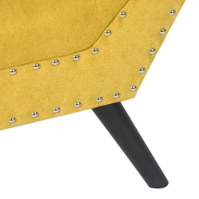 Modern Yellow Upholstered Fabric Ottoman Bench with Nailhead Trim and Wood Legs