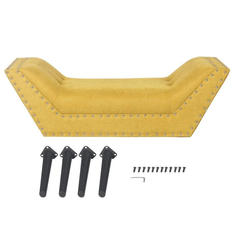 Modern Yellow Upholstered Fabric Ottoman Bench with Nailhead Trim and Wood Legs