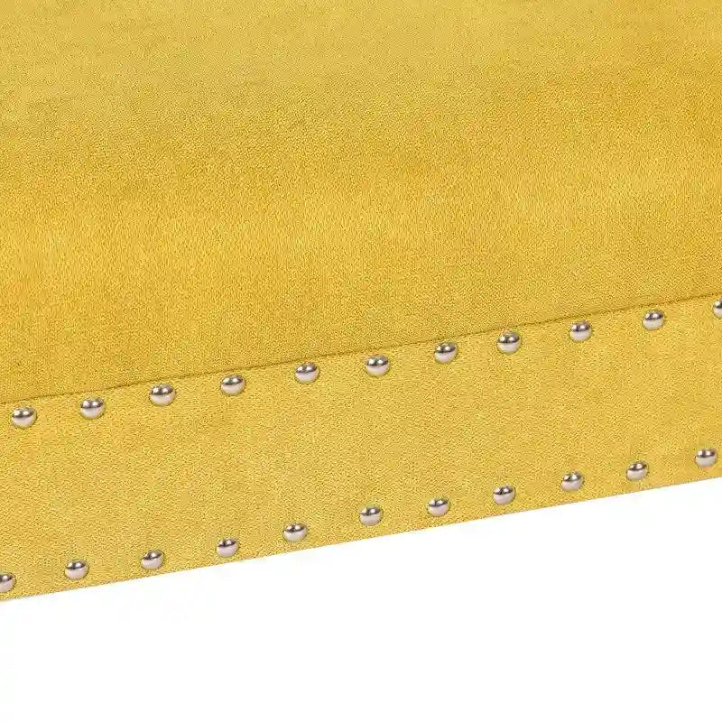 Modern Yellow Upholstered Fabric Ottoman Bench with Nailhead Trim and Wood Legs