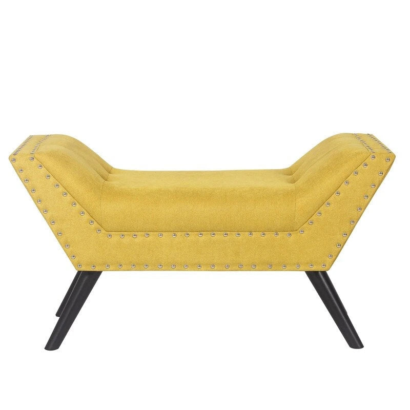 Modern Yellow Upholstered Fabric Ottoman Bench with Nailhead Trim and Wood Legs