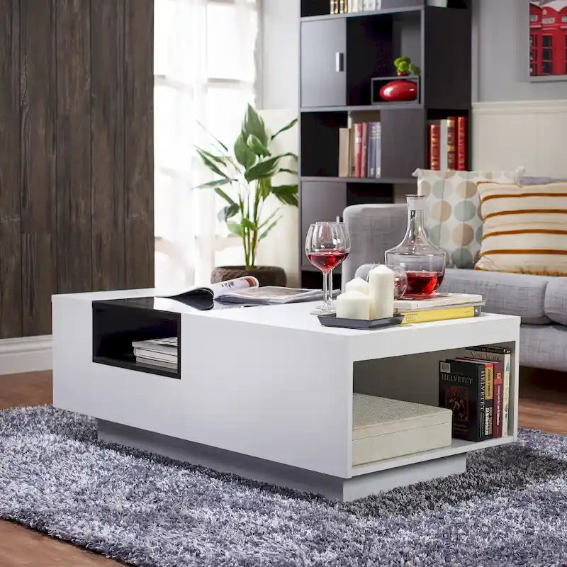 Contemporary White Particleboard Coffee Table with Tempered Glass Top and 3 Open Shelves