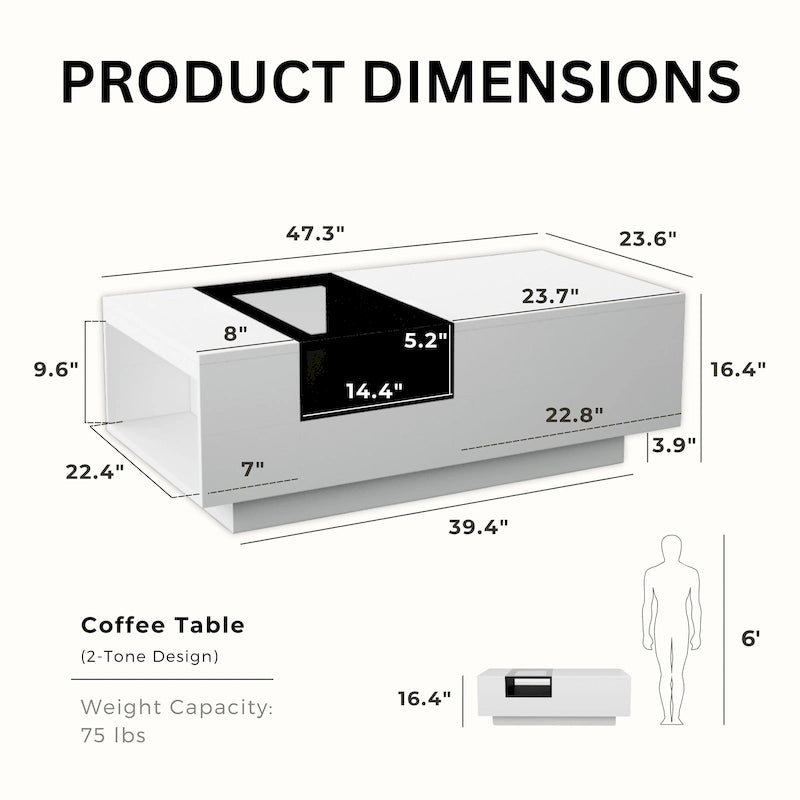 Contemporary White Particleboard Coffee Table with Tempered Glass Top and 3 Open Shelves