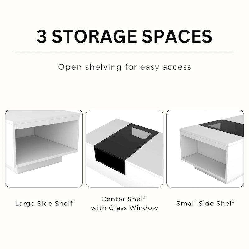 Contemporary White Particleboard Coffee Table with Tempered Glass Top and 3 Open Shelves