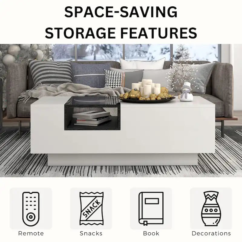 Contemporary White Particleboard Coffee Table with Tempered Glass Top and 3 Open Shelves