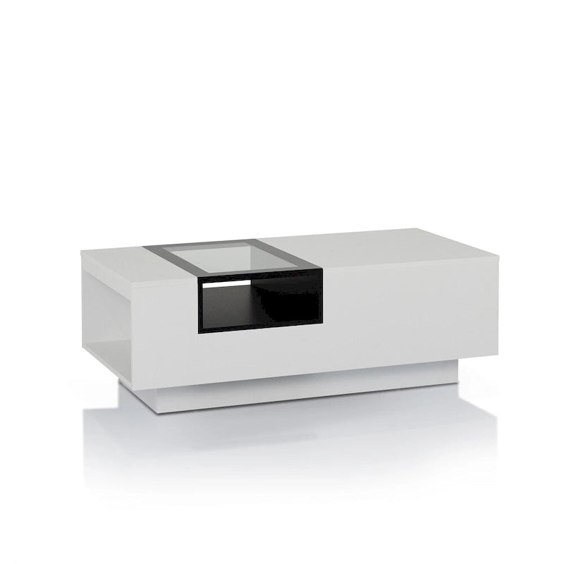 Contemporary White Particleboard Coffee Table with Tempered Glass Top and 3 Open Shelves