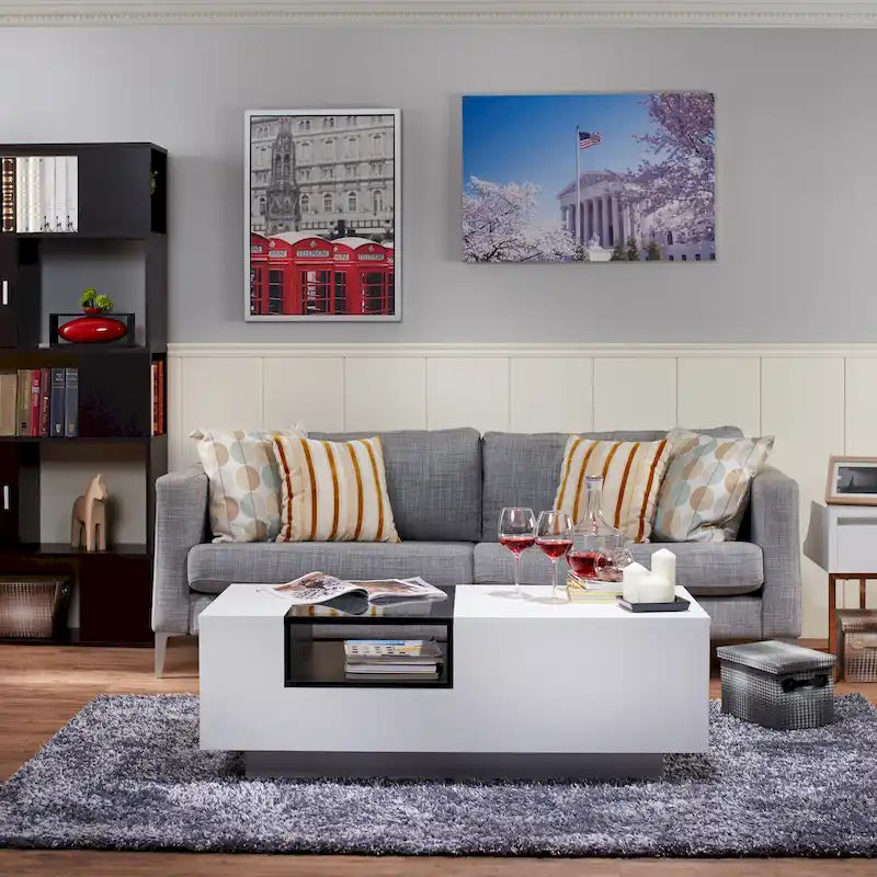 Contemporary White Particleboard Coffee Table with Tempered Glass Top and 3 Open Shelves