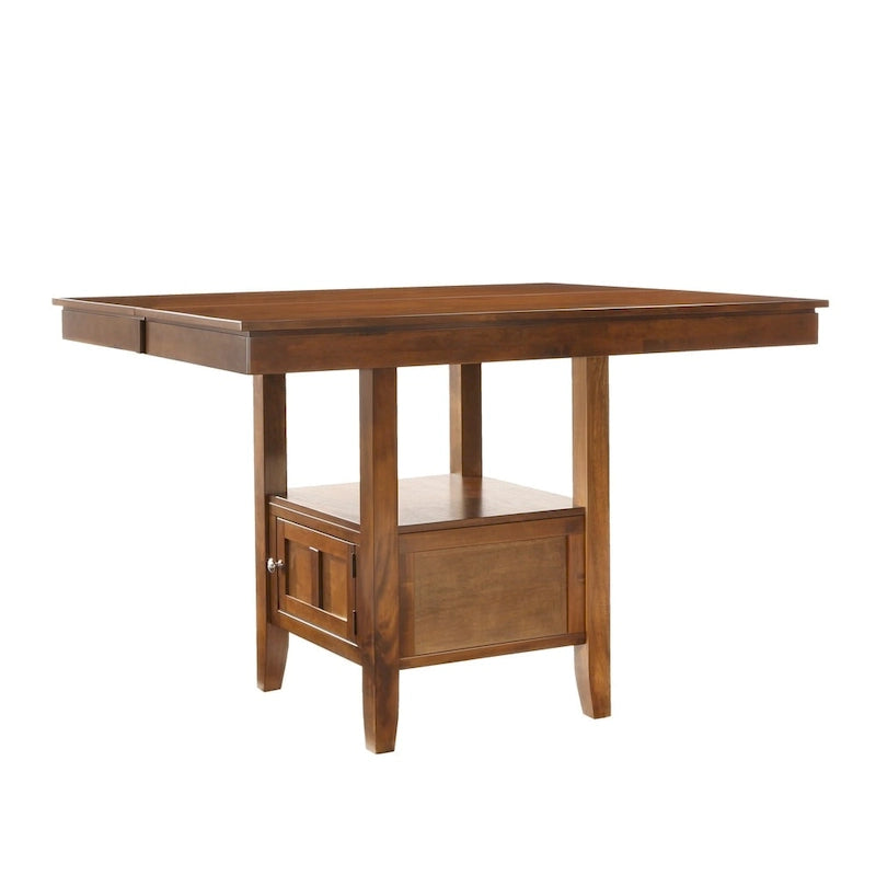 Rubberwood Extendable Counter Height Dining Table with Storage Cabinet and Leaf, Brown