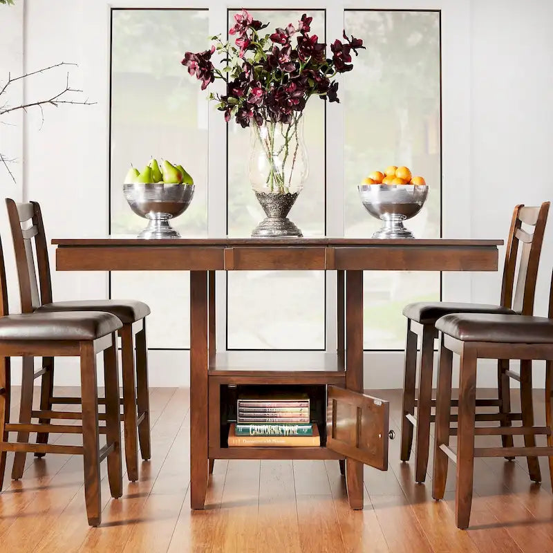 Rubberwood Extendable Counter Height Dining Table with Storage Cabinet and Leaf, Brown