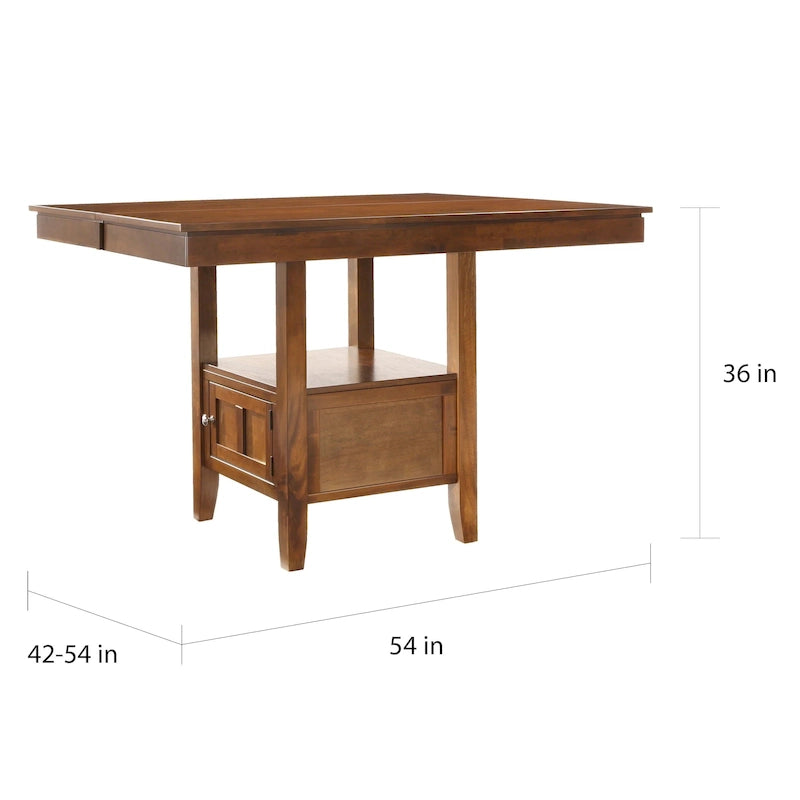 Rubberwood Extendable Counter Height Dining Table with Storage Cabinet and Leaf, Brown