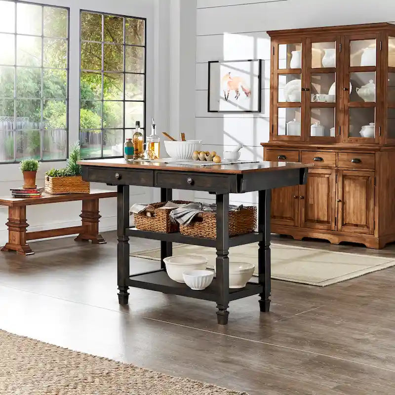 Two-Tone Rubberwood Kitchen Island with 2 Felt-Lined Drawers and 2 Open Shelves, Multi-Color