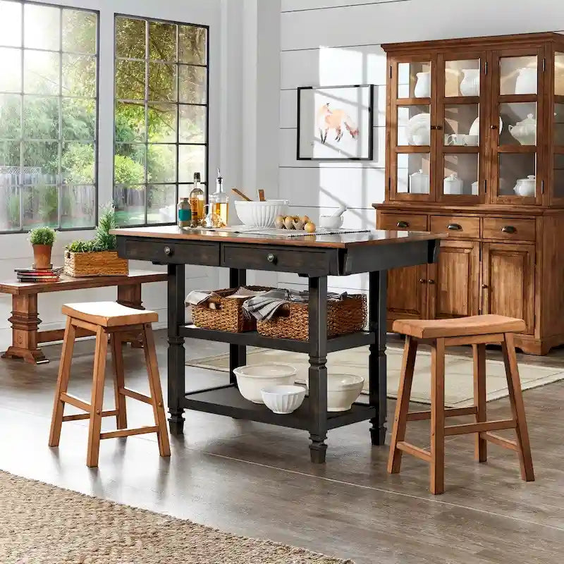 Two-Tone Rubberwood Kitchen Island with 2 Felt-Lined Drawers and 2 Open Shelves, Multi-Color