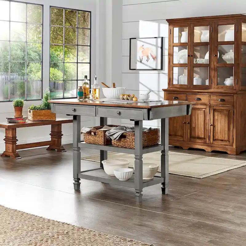 Two-Tone Rubberwood Kitchen Island with 2 Felt-Lined Drawers and 2 Open Shelves, Multi-Color