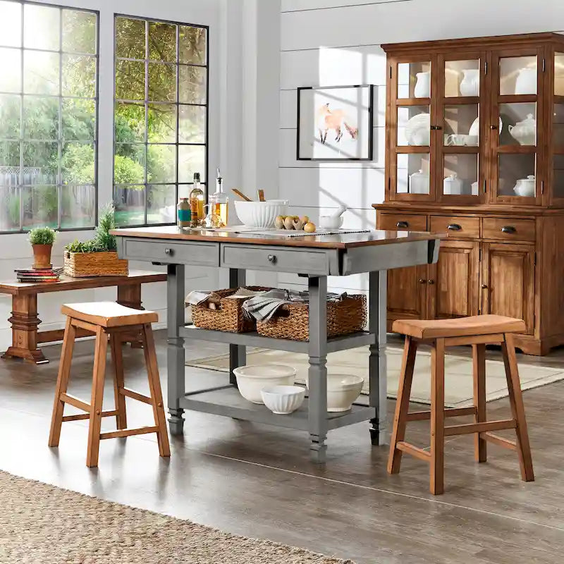 Two-Tone Rubberwood Kitchen Island with 2 Felt-Lined Drawers and 2 Open Shelves, Multi-Color