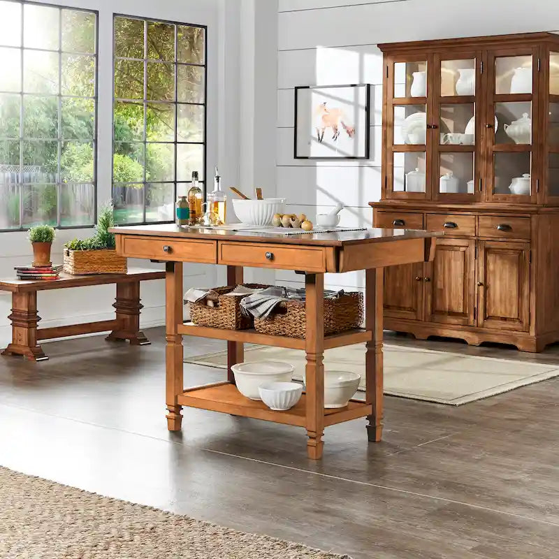 Two-Tone Rubberwood Kitchen Island with 2 Felt-Lined Drawers and 2 Open Shelves, Multi-Color