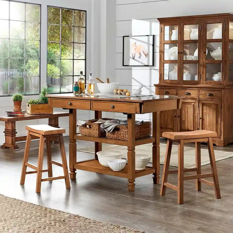 Two-Tone Rubberwood Kitchen Island with 2 Felt-Lined Drawers and 2 Open Shelves, Multi-Color