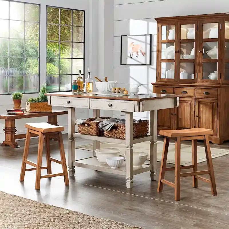 Two-Tone Rubberwood Kitchen Island with 2 Felt-Lined Drawers and 2 Open Shelves, Multi-Color