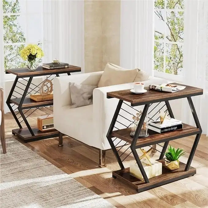 Industrial 3-Tier Side End Table with Open Shelves and Metal Frame, Rustic Brown