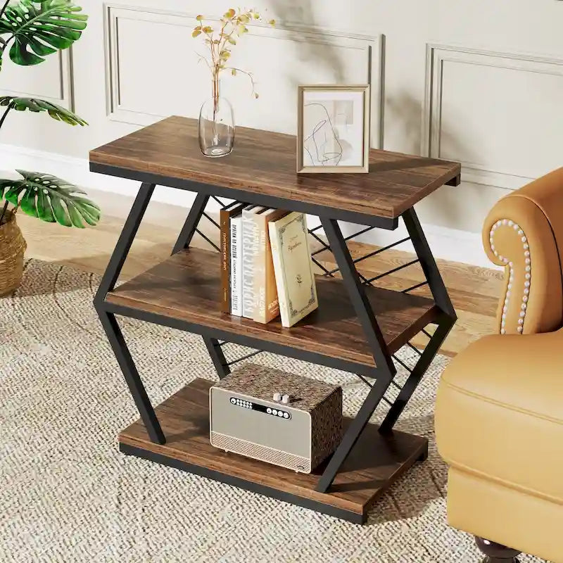 Industrial 3-Tier Side End Table with Open Shelves and Metal Frame, Rustic Brown