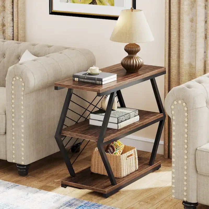 Industrial 3-Tier Side End Table with Open Shelves and Metal Frame, Rustic Brown