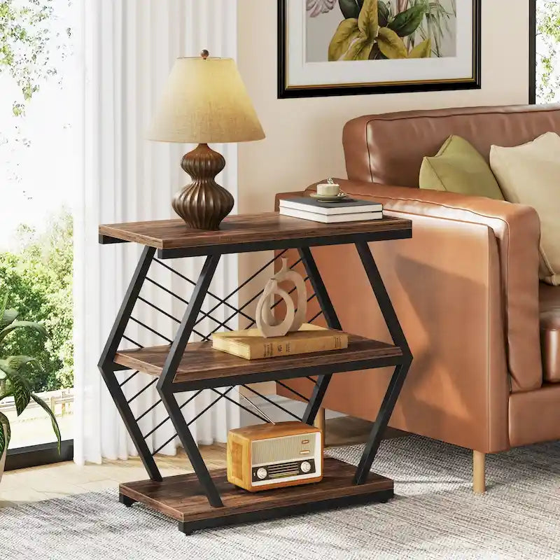 Industrial 3-Tier Side End Table with Open Shelves and Metal Frame, Rustic Brown