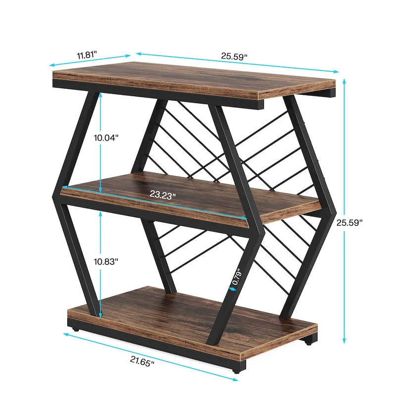 Industrial 3-Tier Side End Table with Open Shelves and Metal Frame, Rustic Brown