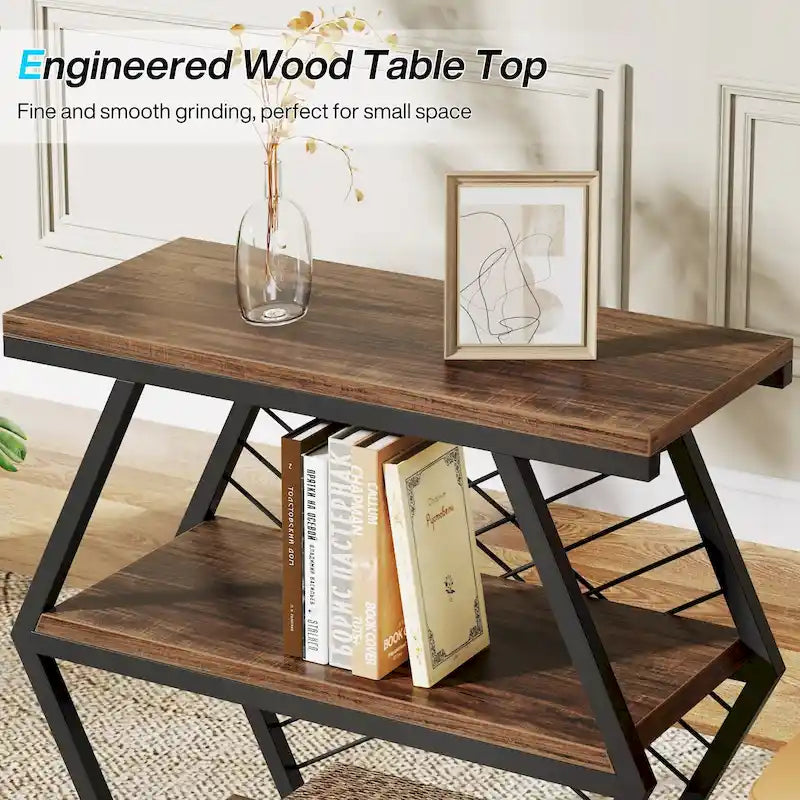 Industrial 3-Tier Side End Table with Open Shelves and Metal Frame, Rustic Brown