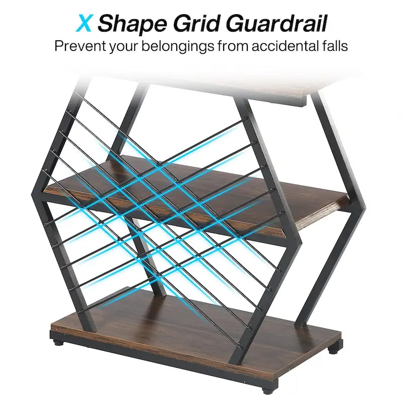 Industrial 3-Tier Side End Table with Open Shelves and Metal Frame, Rustic Brown