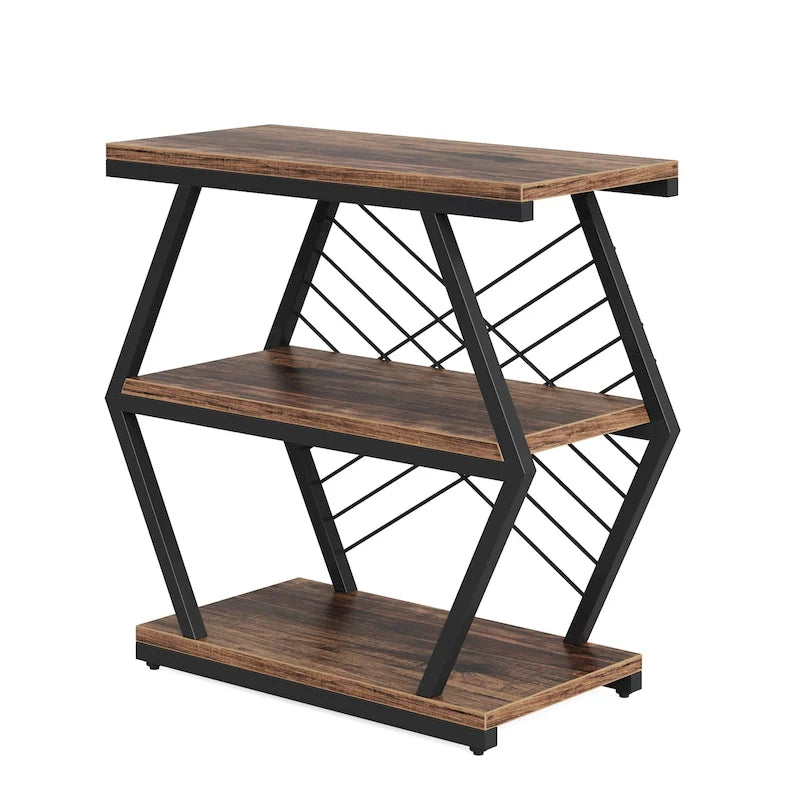 Industrial 3-Tier Side End Table with Open Shelves and Metal Frame, Rustic Brown
