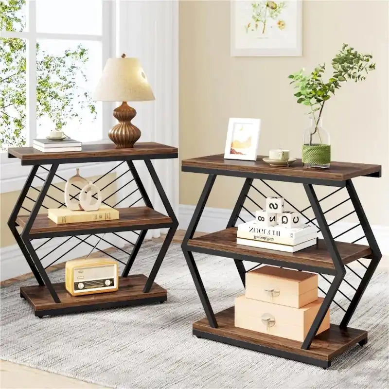 Industrial 3-Tier Side End Table with Open Shelves and Metal Frame, Rustic Brown