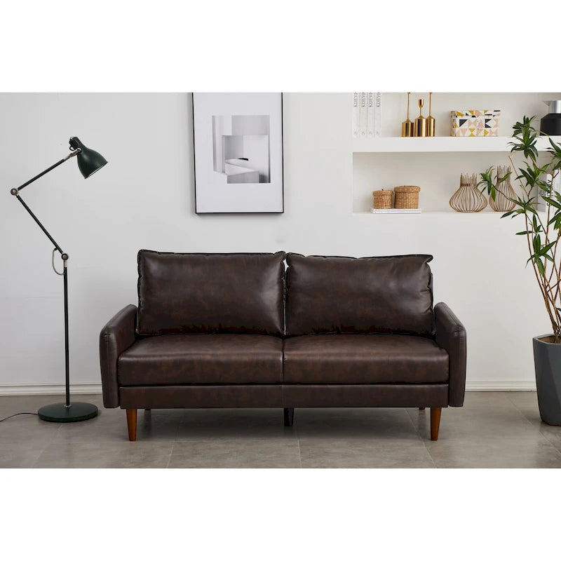 Contemporary Faux Leather Square Arm Sofa with Round Wood Legs, Multi-Color