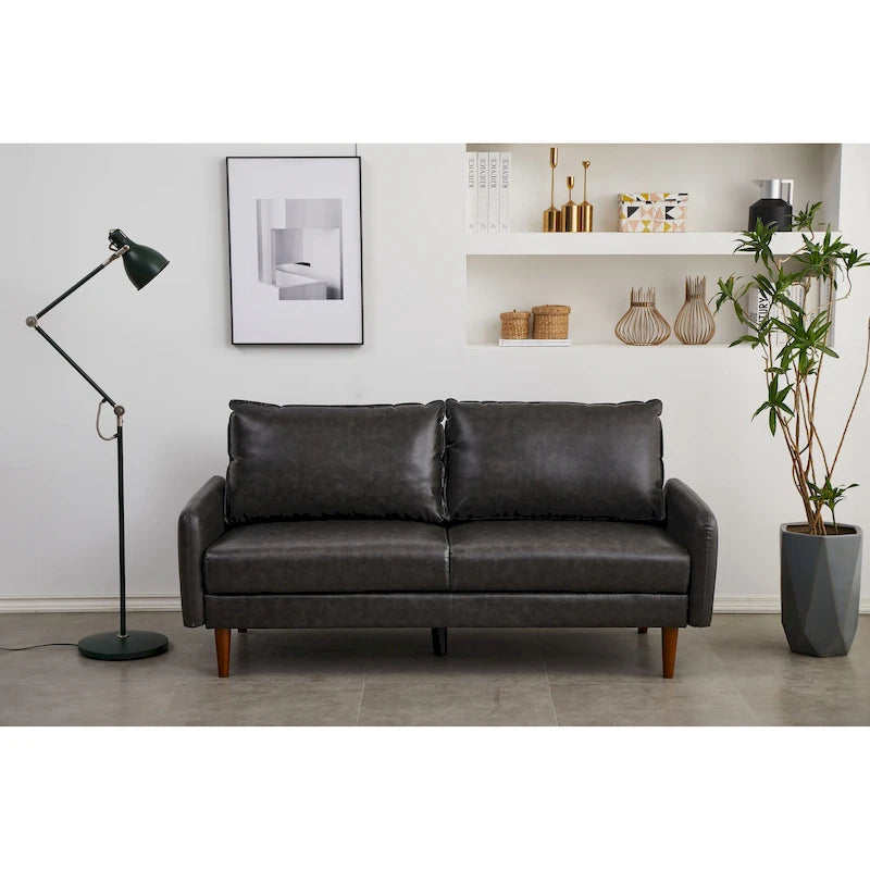 Contemporary Faux Leather Square Arm Sofa with Round Wood Legs, Multi-Color